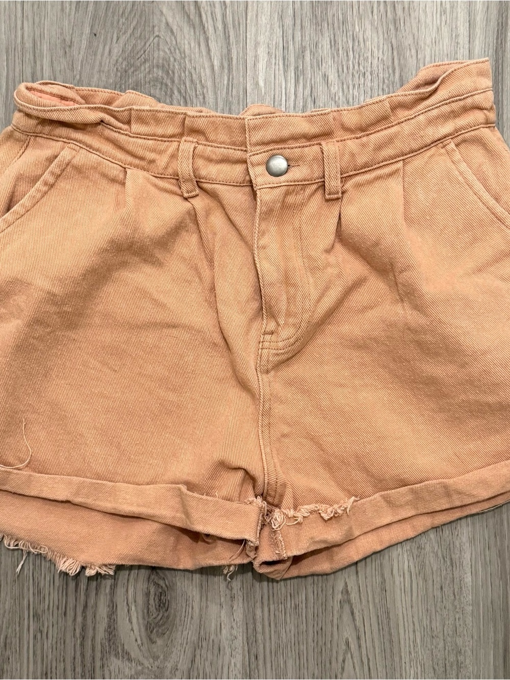 High-Rise Frayed Hem Denim Shorts in Peach